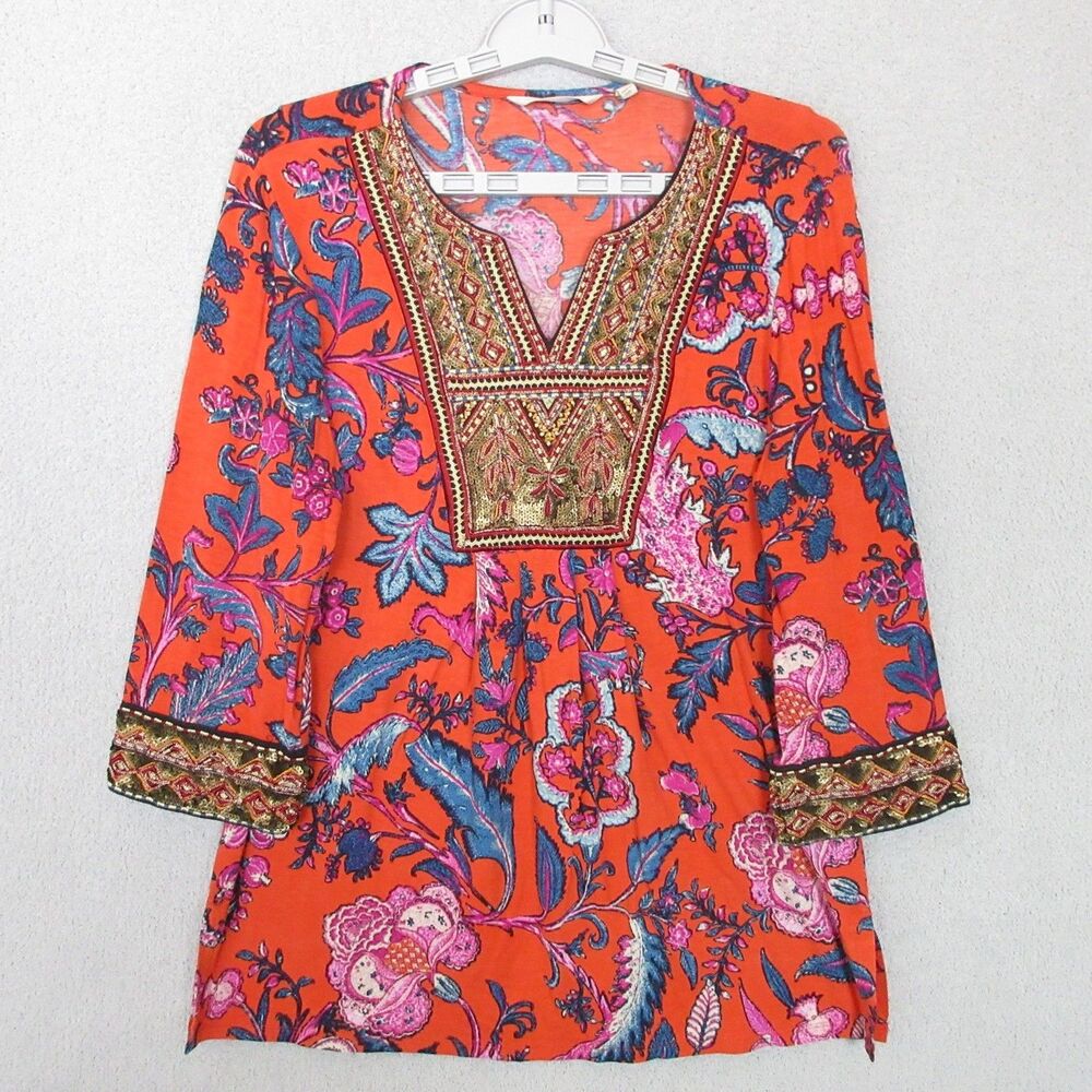 Soft Surroundings Tunic Womens PS Orange Floral Embroidered Sequin V-Neck Boho